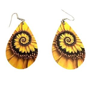 NEW Wooden Water Drop Shaped Sunflower Print Double Sided Earrings